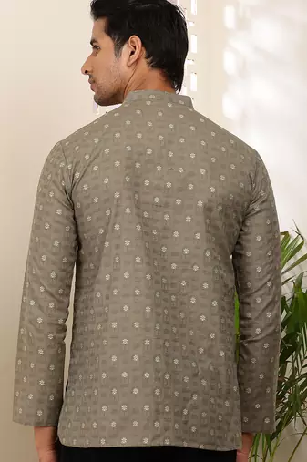 Men olive cotton short kurta with embroidered motifs and mandarin collar