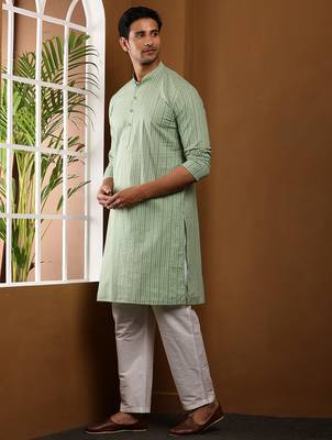 Men's light green printed viscose blend long kurta for festive wear 3