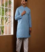 Men's sky blue printed viscose blend long kurta with straight hem