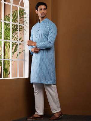 Men's sky blue printed viscose blend long kurta with straight hem 2