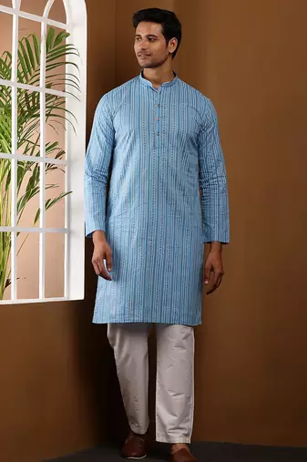 Men's sky blue printed viscose blend long kurta with straight hem
