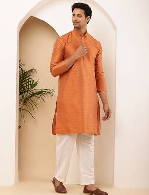 Men's rust orange viscose blend kurta with side slits 1