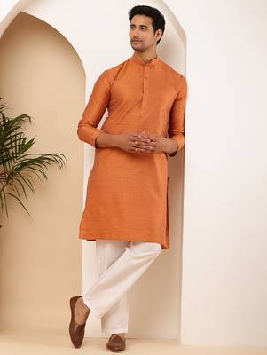 Men's rust orange viscose blend kurta with side slits 2