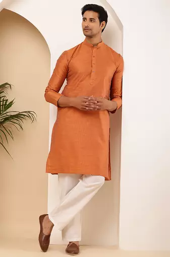 Men's rust orange viscose blend kurta with side slits