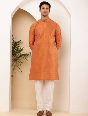 Men's rust orange viscose blend kurta with side slits 3