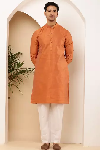 Men's rust orange viscose blend kurta with side slits