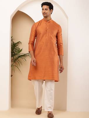Men's rust orange viscose blend kurta with side slits 5