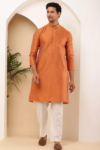Men's rust orange viscose blend kurta with side slits