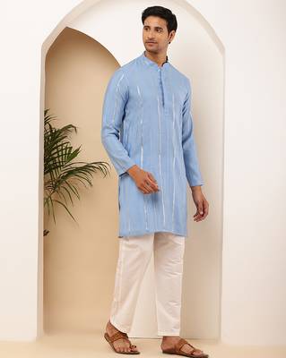 Men's light blue cotton long kurta with subtle texture 1