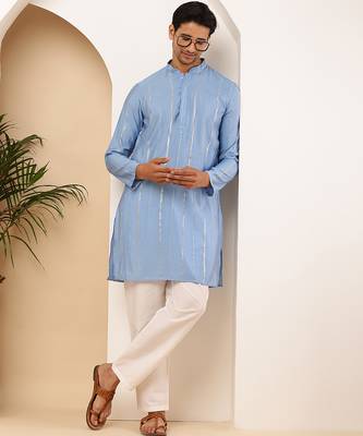 Men's light blue cotton long kurta with subtle texture 3