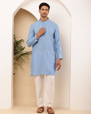 Men's light blue cotton long kurta with subtle texture 4