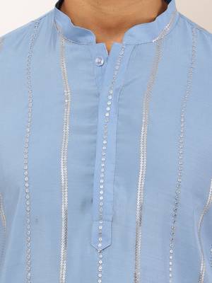 Men's light blue cotton long kurta with subtle texture 5