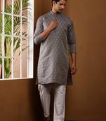 Men's grey viscose blend kurta with printed detailing