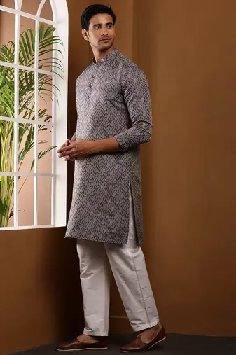 Men's grey viscose blend kurta with printed detailing