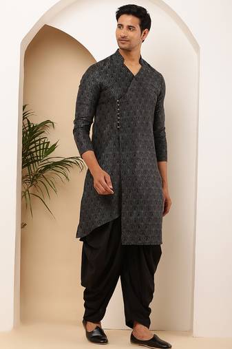 Men's black textured viscose blend long kurta for weddings