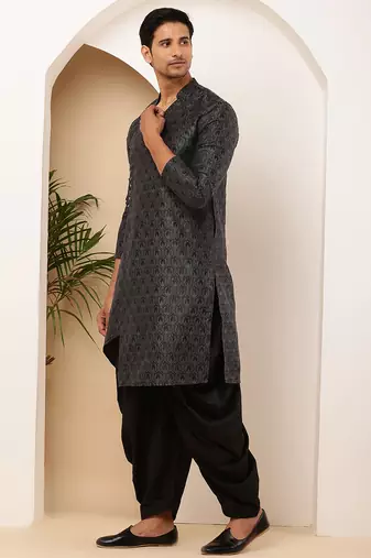 Men's black textured viscose blend long kurta for weddings