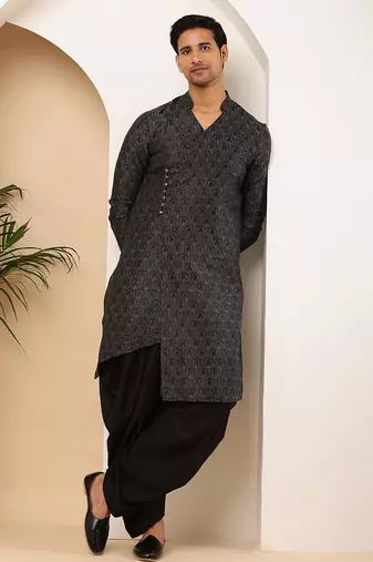 Men's black textured viscose blend long kurta for weddings