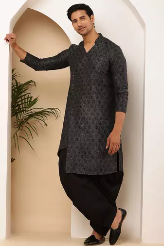 Men's black textured viscose blend long kurta for weddings