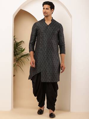 Men's black textured viscose blend long kurta for weddings 5