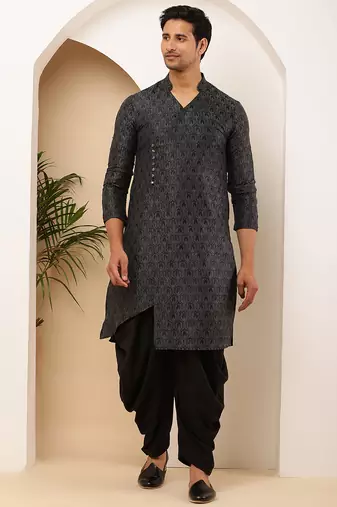 Men's black textured viscose blend long kurta for weddings