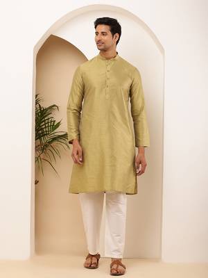 Men's light olive viscose blend kurta with self-design and mandarin collar 1