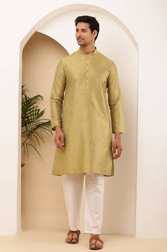 Men's light olive viscose blend kurta with self-design and mandarin collar