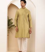 Men's light olive viscose blend kurta with self-design and mandarin collar