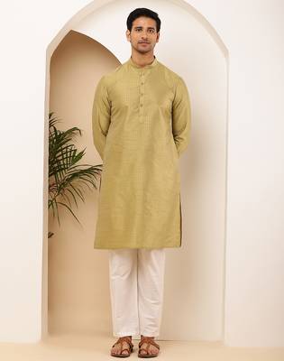 Men's light olive viscose blend kurta with self-design and mandarin collar 2