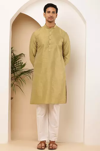 Men's light olive viscose blend kurta with self-design and mandarin collar
