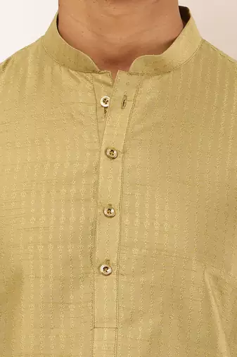 Men's light olive viscose blend kurta with self-design and mandarin collar
