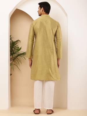 Men's light olive viscose blend kurta with self-design and mandarin collar 5