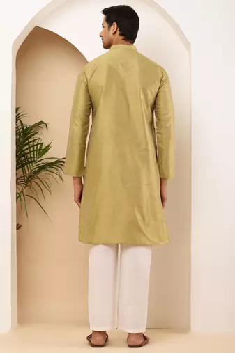 Men's light olive viscose blend kurta with self-design and mandarin collar