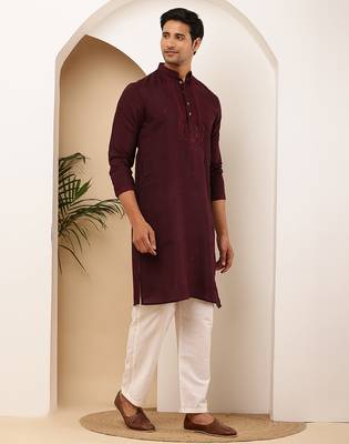 Men's wine red viscose blend kurta with rich finish 1