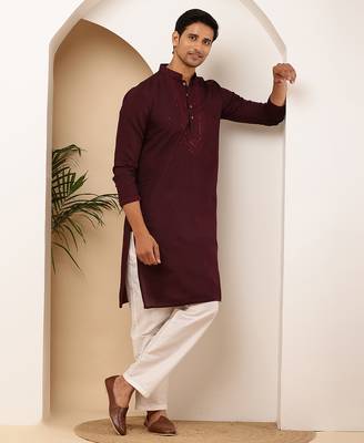 Men's wine red viscose blend kurta with rich finish 2