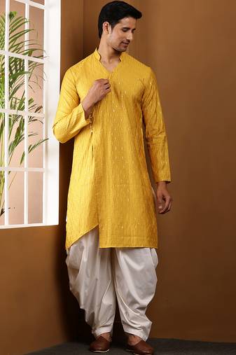 Men's mustard yellow viscose blend kurta with side openings