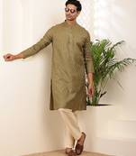 Men's olive green cotton kurta with subtle self-texture