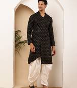 Men's black printed cotton kurta with traditional motifs
