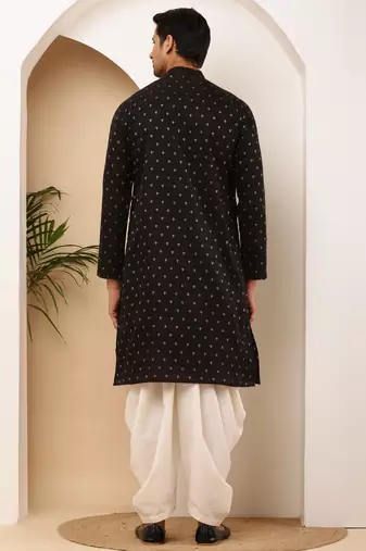 Men's black printed cotton kurta with traditional motifs