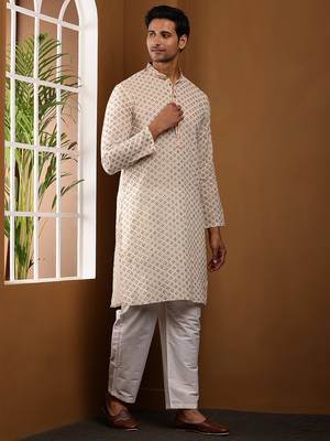 Men's beige viscose blend kurta with straight hem and minimal print 1