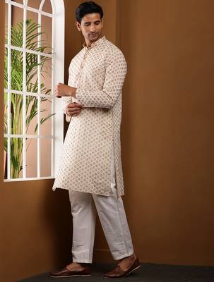 Men's beige viscose blend kurta with straight hem and minimal print 3