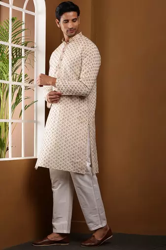 Men's beige viscose blend kurta with straight hem and minimal print