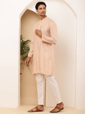 Men's peach viscose blend kurta with self-design and side slits 1