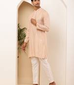 Men's peach viscose blend kurta with self-design and side slits