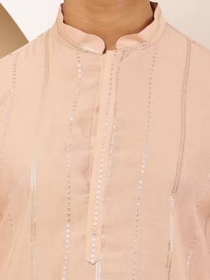 Men's peach viscose blend kurta with self-design and side slits 2