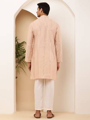 Men's peach viscose blend kurta with self-design and side slits 3