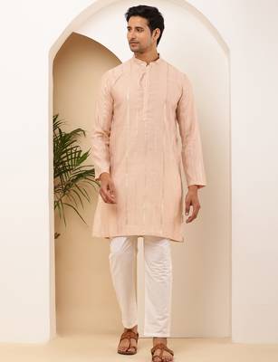 Men's peach viscose blend kurta with self-design and side slits 4