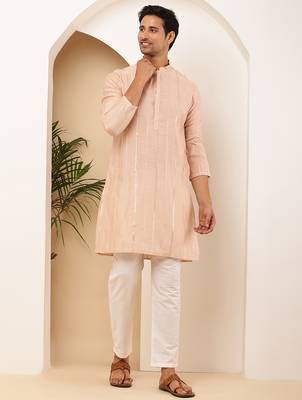 Men's peach viscose blend kurta with self-design and side slits 5