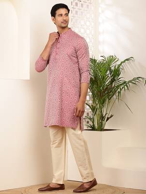 Men's pink printed viscose blend kurta for festive occasions 2