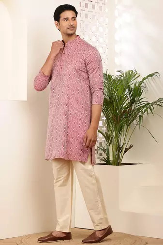 Men's pink printed viscose blend kurta for festive occasions
