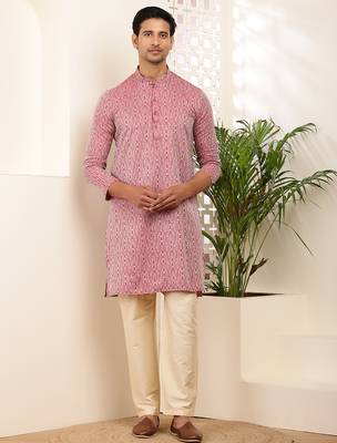 Men's pink printed viscose blend kurta for festive occasions 5